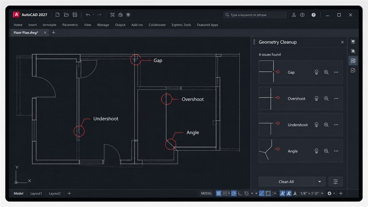 Geometry Cleanup phát hiện lỗi hình học trong AutoCAD