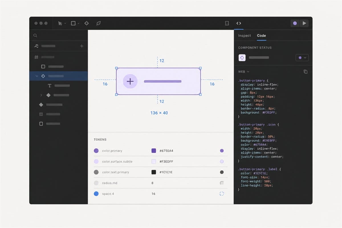 Figma Dev Mode hiển thị khoảng cách, design token và mã CSS của component