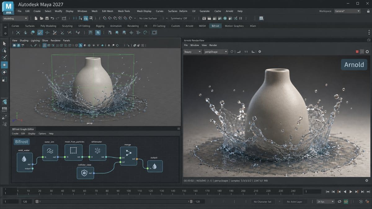 Bifrost simulation và Arnold rendering trong Autodesk Maya